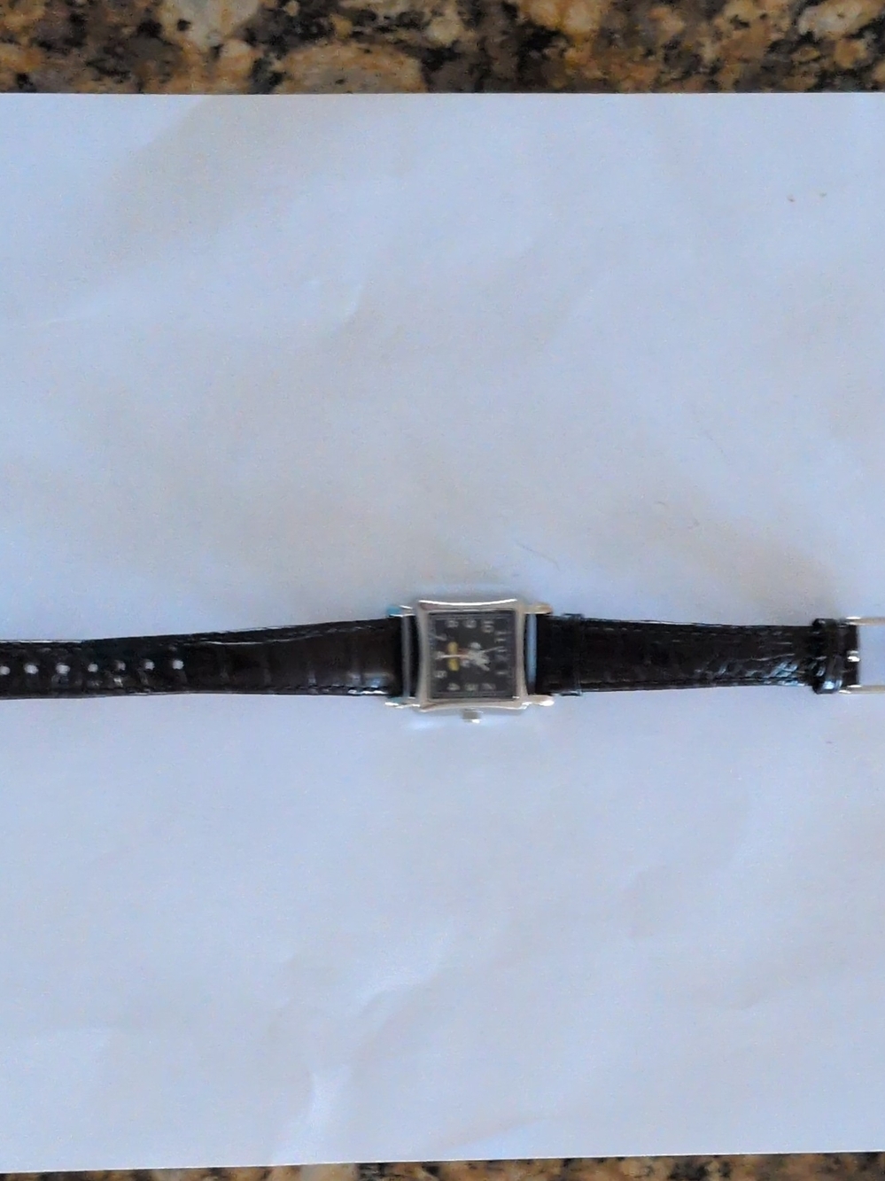 Disney Black Leather Strap Square Dial Watch with Silver Case